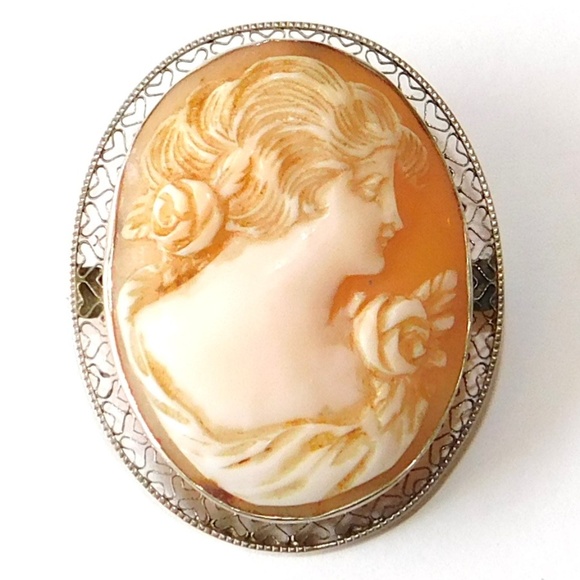 Antique Jewelry - Antique 10K Solid White Gold Carved Cameo Brooch Art Deco Filigree Vintage